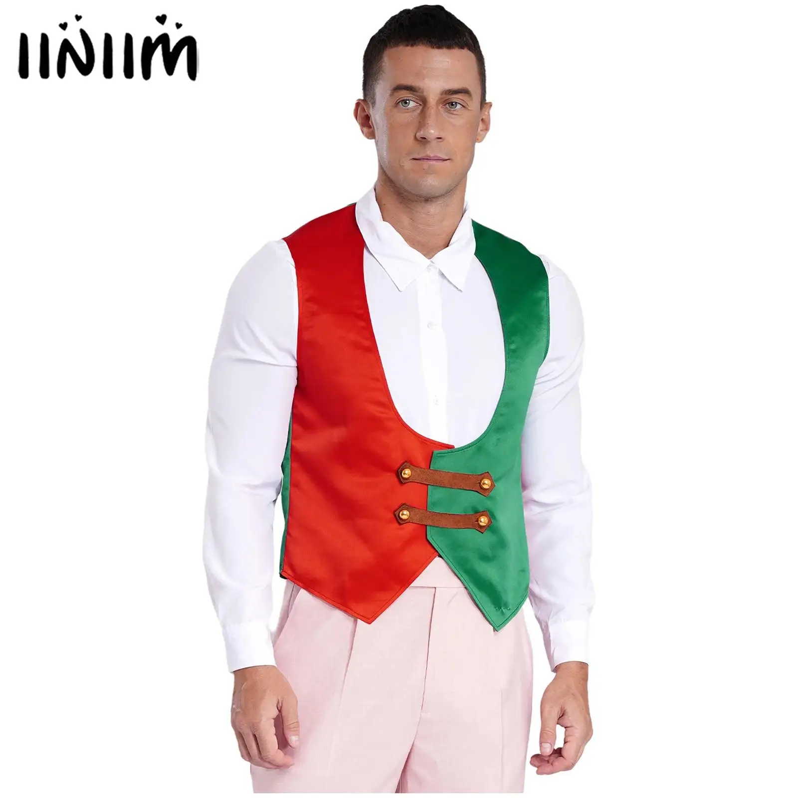 Mens Christmas Contrast Waiter เสื้อกั๊กลึก U คอปุ่ม Tank Top Christmas Elf เสื้อกั๊ก Xmas Holiday Cosplay Party เครื่องแต่งกาย