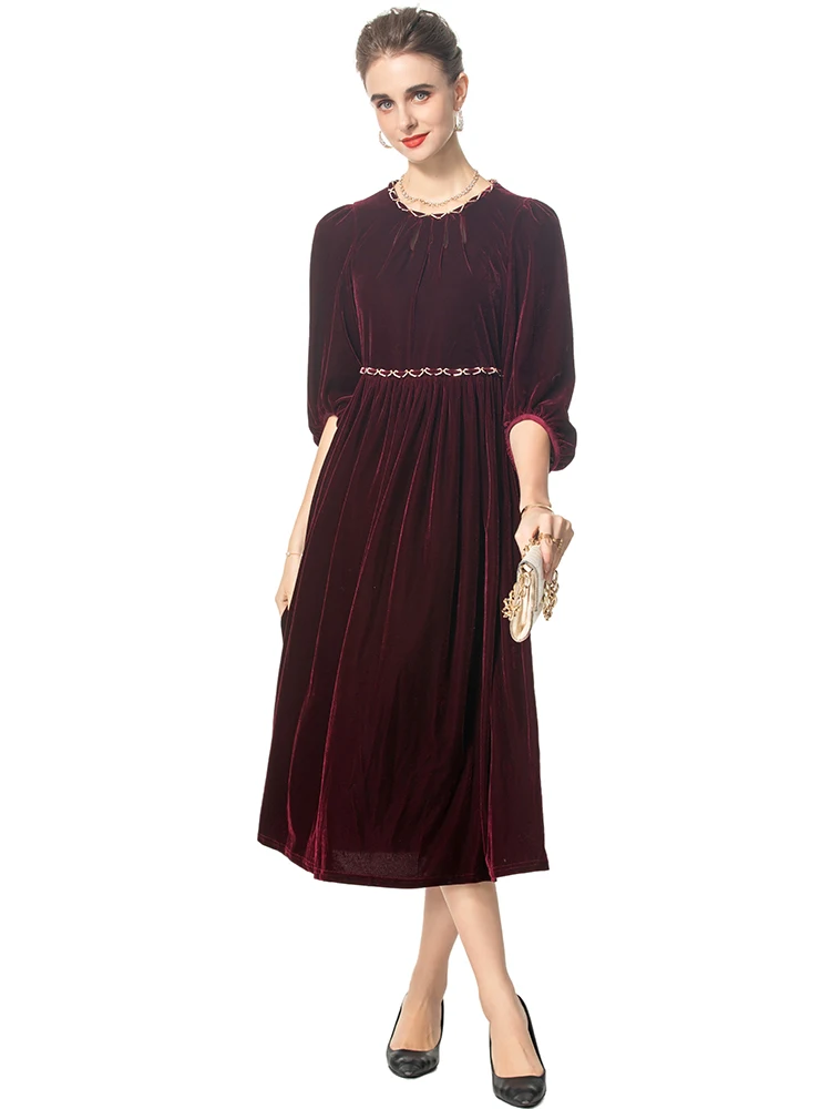 Seasixiang Solid Color Women\'s O-Neck Lantern Sleeve Chain Vintage Party Velvet Dresses Fashion Autumn Female New