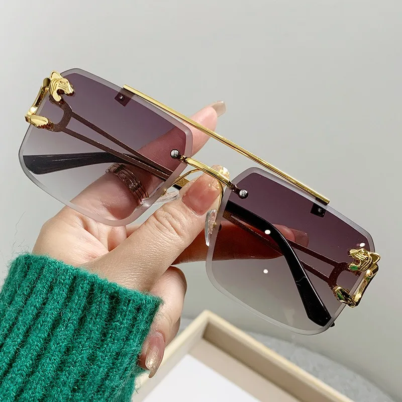 Rimless Square Double Bridge Sunglasses Fashion Stylish for Women Vintage Trend Brand Design Men Shades Eyewear