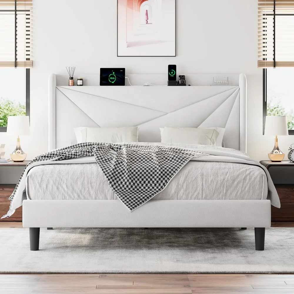 إطار سرير بحجم كوين مع لوح رأسي منجد، ومحطة تخزين وشحن، ودعم شريحة خشبية #3