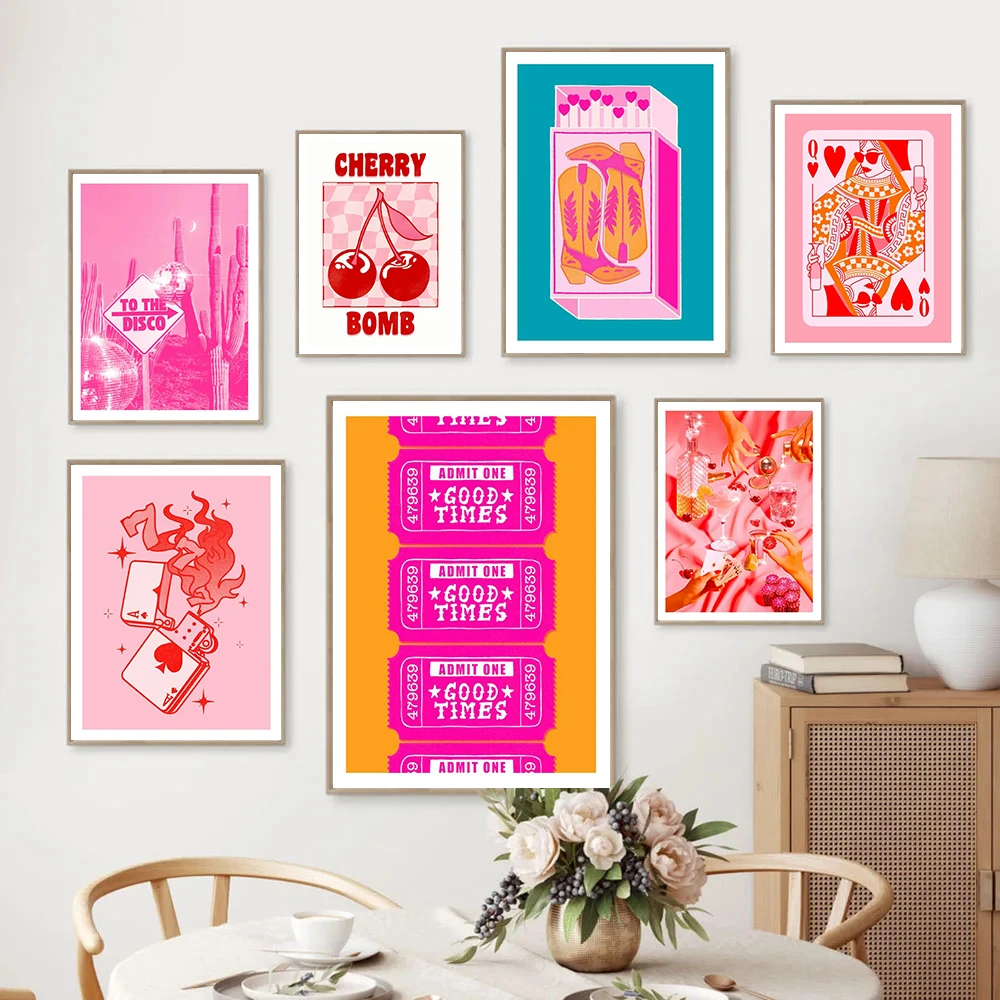 Good Times Ticket Pink Orange Art Print Poster Disco Cowgirl Boots Matchbox Wall Pictures Cafe Bedroom Home Decoration Painting