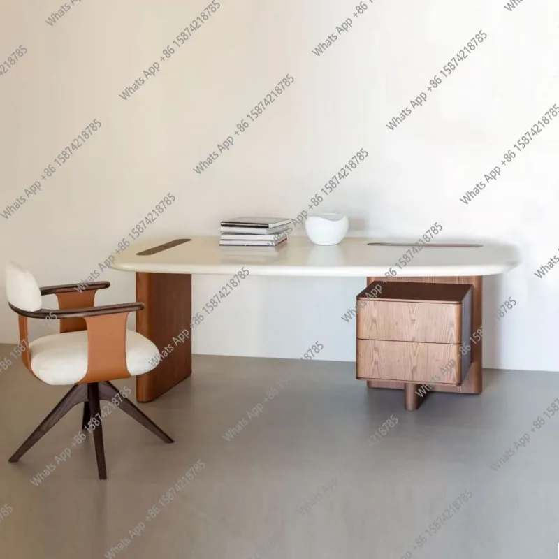 

Medieval Italian minimalist desk circular arc solid wood desk light luxury premium writing desk office