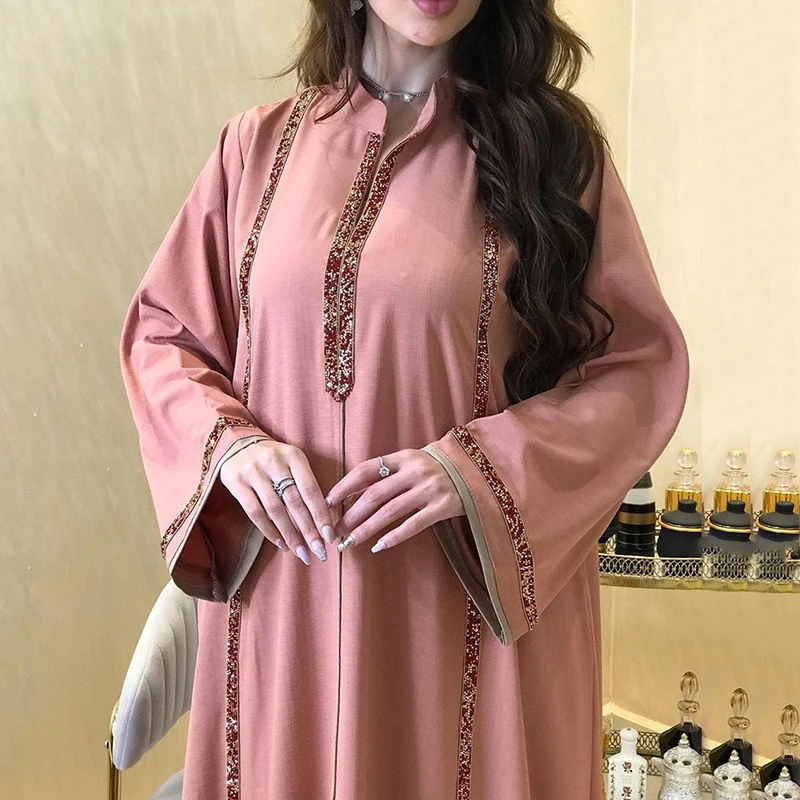 فستان أنيق بأكمام طويلة للخريف للنساء بخصر عالٍ فساتين للتنقل مسلمة جديدة Sueqins مرقعة فضفاضة