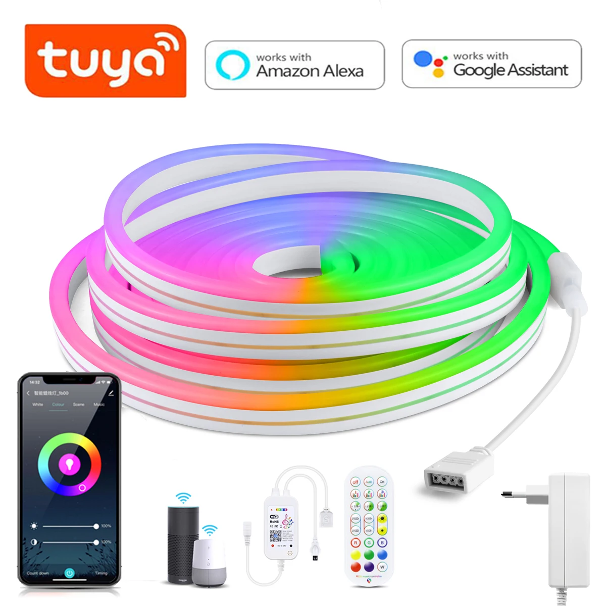 Tuya RGB LED Strip Light Neon Lights Indoor Home Smart Life WiFi Switch APP Siri Control Neon Sign Tape Wall Decor Smart Lamp