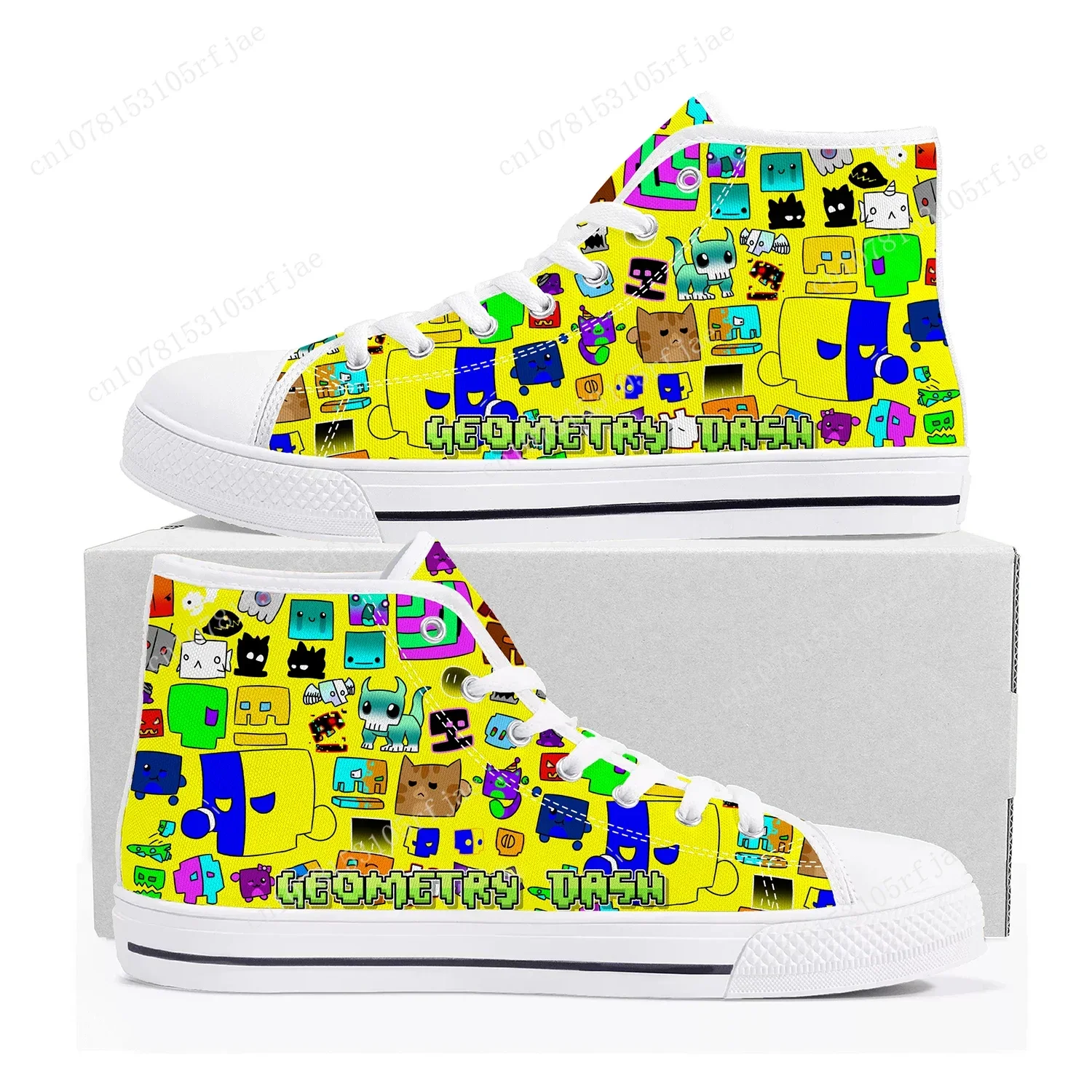 Geometry Dash High Top Sneakers Cartoon Game Mens Womens Teenager High Quality Fashion Canvas Shoes Casual Tailor Made Sneaker