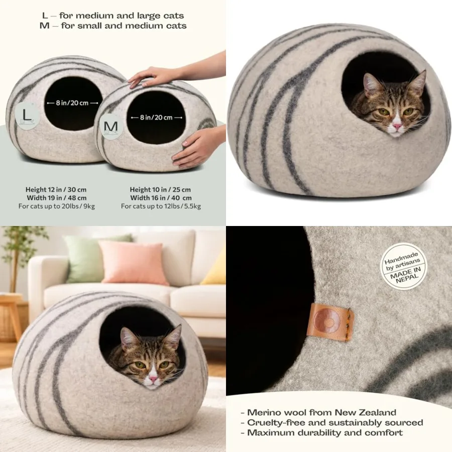 

Cat Cave Premium Felt Cat Bed for Indoor Cats, Handmade Meri Wool