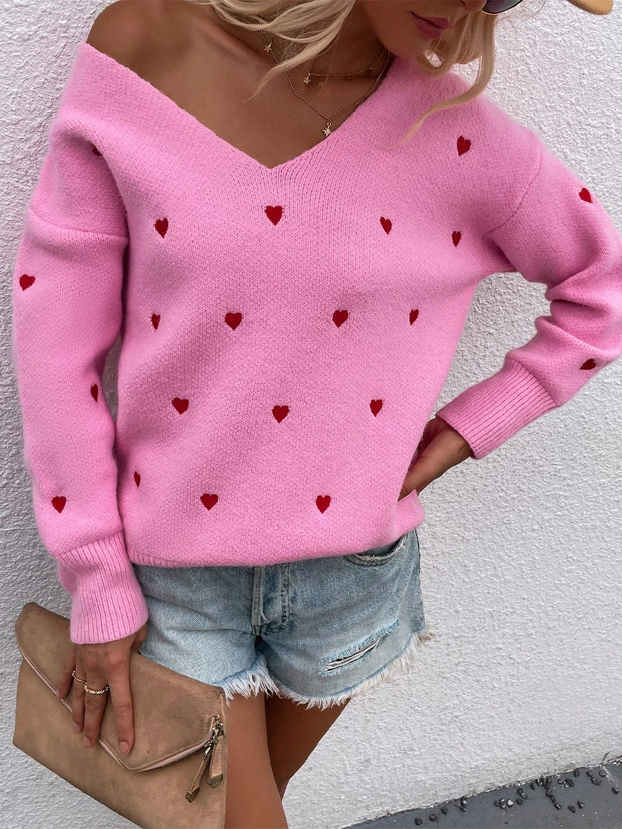 Heart Printed Sweater for Women Long Sleeve Crewneck Pullover Oversized Knitted Sweaters Valentines Jumper Tops