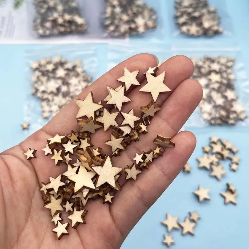 100-300Pcs Wooden Stars Slices Mixed Size Wooden Star Blank Wooden Crafts Pieces Christmas Wedding DIY Scrapbook Party Crafts