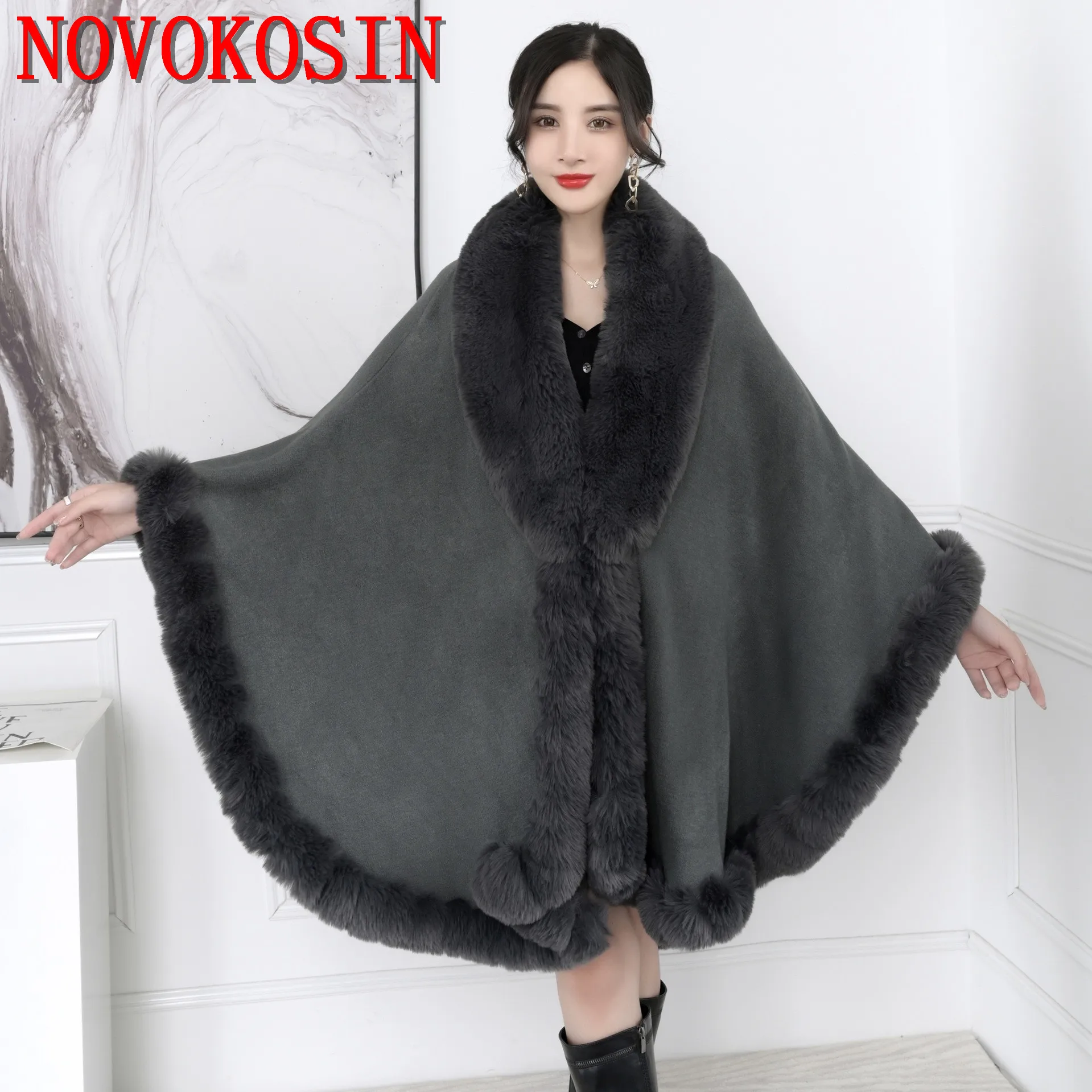 16 Colors Winter Thick Poncho Cardigan Long Cloak Big Pendulum Loose Shawl Coat Women String Rabbit Fur Collar Outstreet Wear