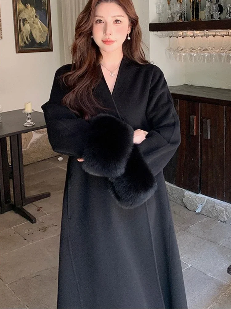 새로운 겨울 여성 우아한 캐시미어 울 코트 롱 벨트 리얼 폭스 퍼 커프 울 혼방 재킷 여성 패션 따뜻한 옷