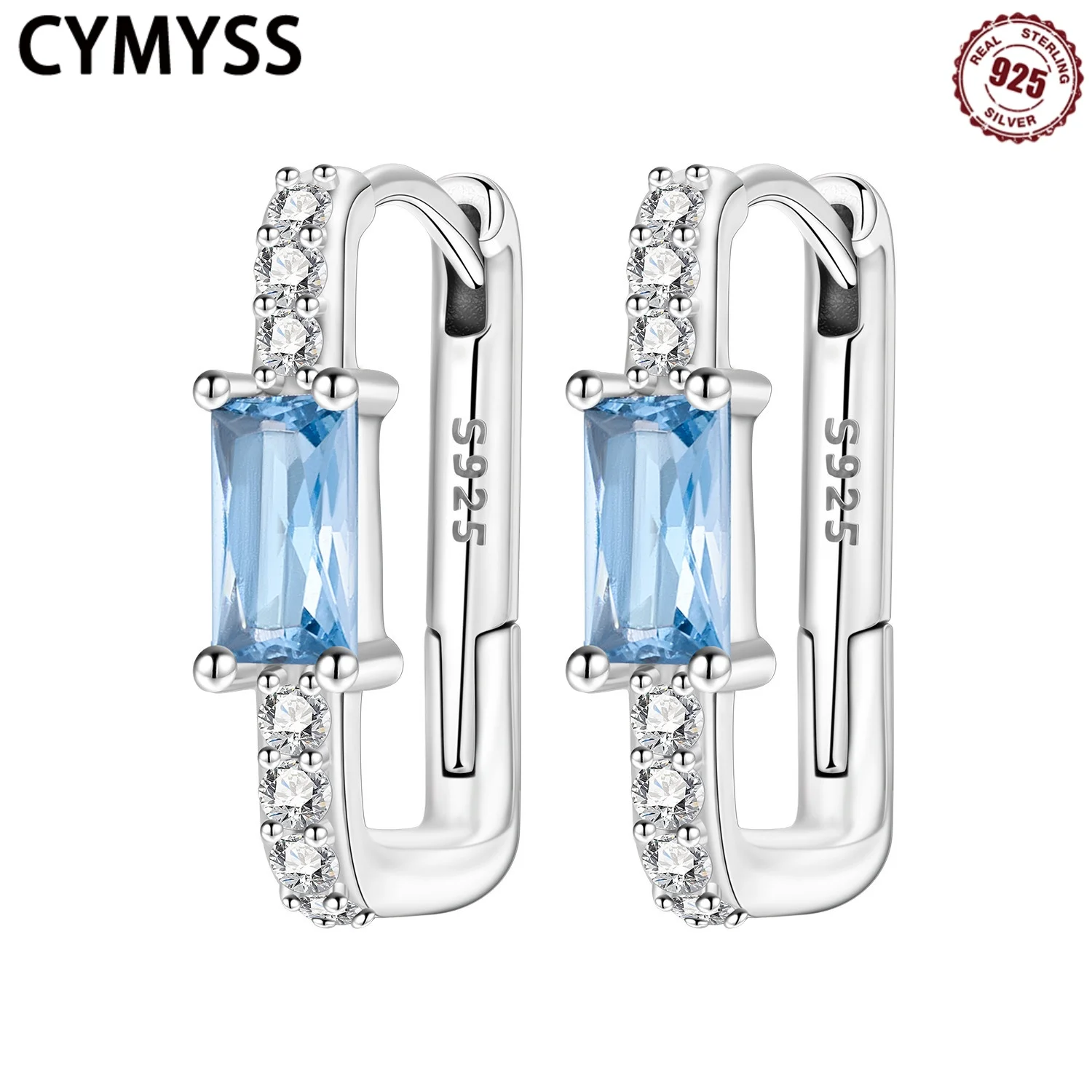 

CYMYSS 2025 New 925 Sterling Silver Zircon Blue Pink Simple Baguette Hoops Earrings Boutique Birthday Party Gift Women Jewellery