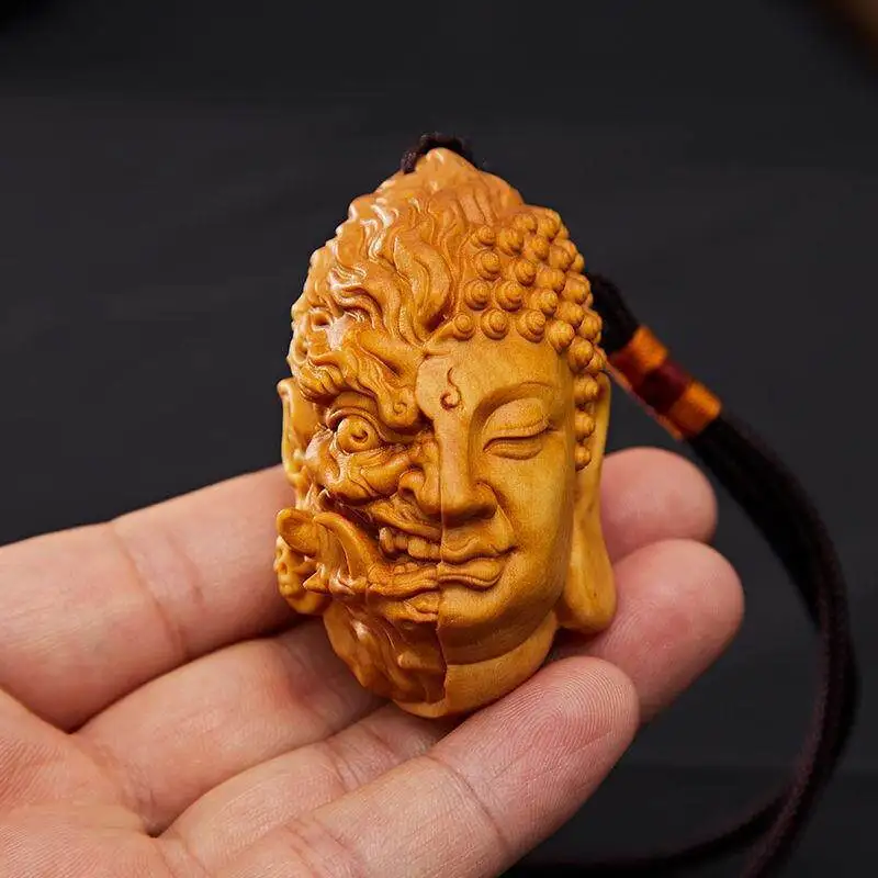 Cz taihang thuja wood carving handle piece carved buddha demon head pendant crafts for personal use