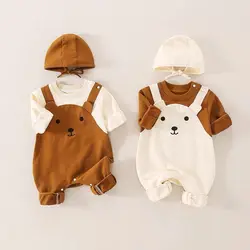 Autumn Baby Clothes Newborn Outfit Super Cute Baby Jumpsuit Contrasting Color Suspenders and Hood Outdoor with Cap