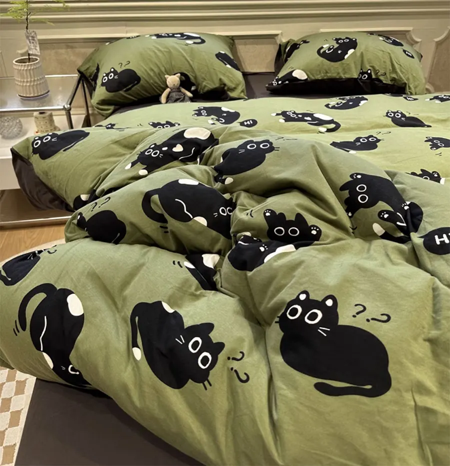 Fashion cartoon cat bedding set,twin full queen lovely knit black green cotton home textile bed sheet pillow case quilt cover