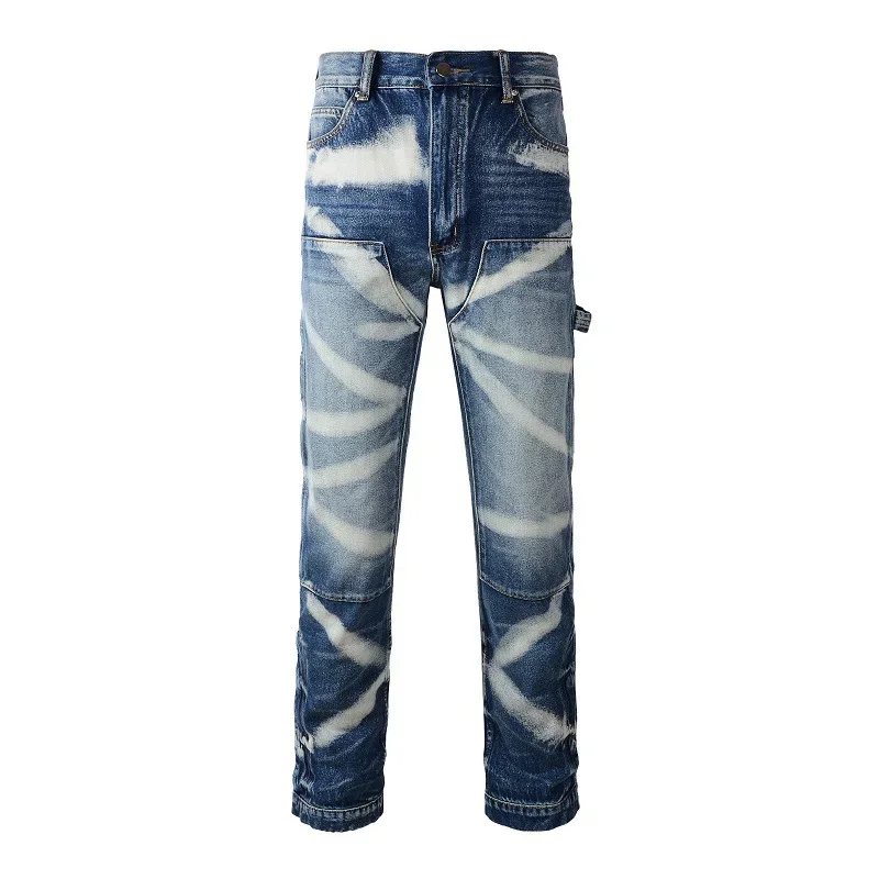 

European and American Men's High-street Retro Whitened Workwear Straight-leg Jeans with Patched Holes and Multiple Pockets.