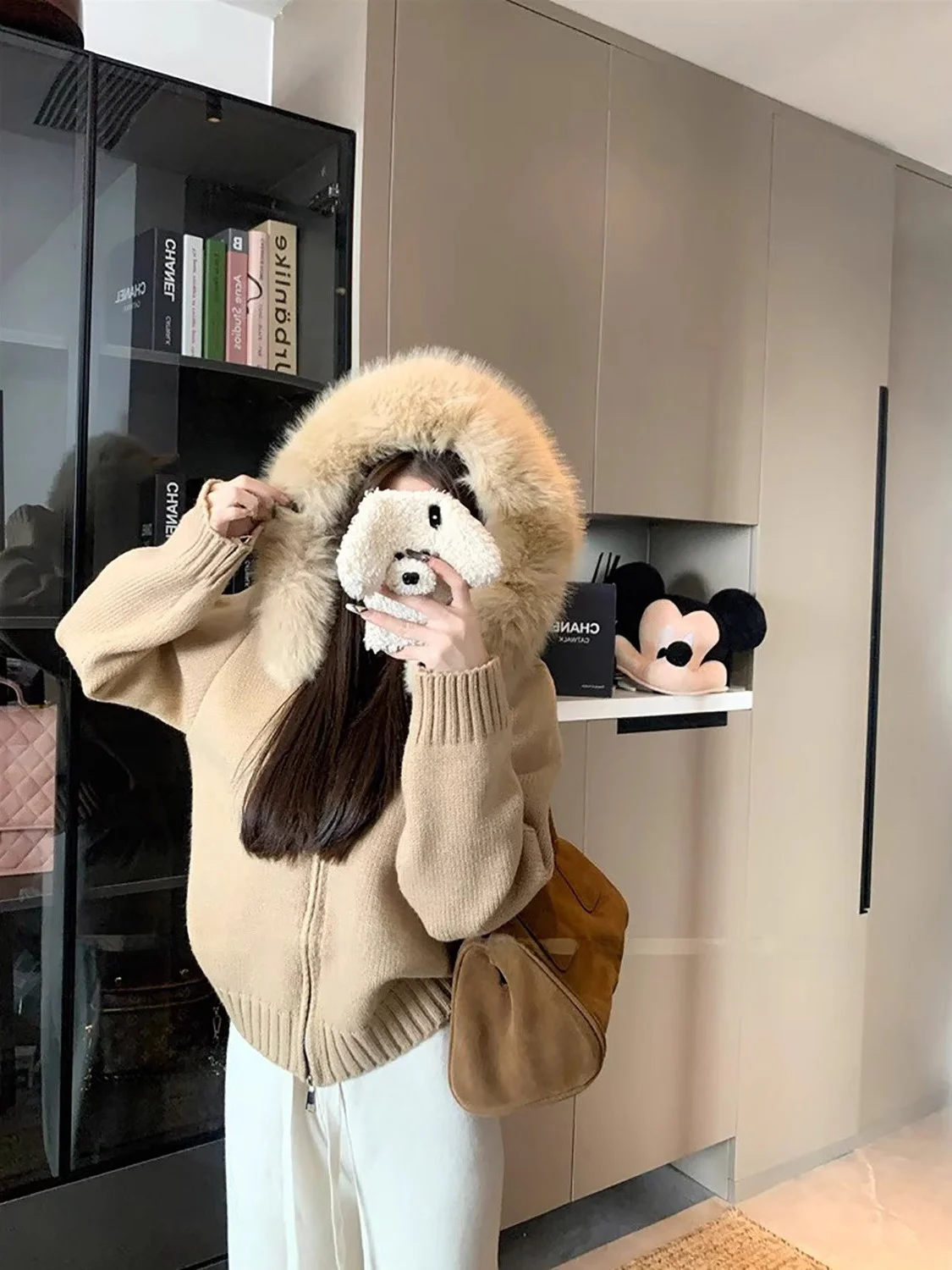 معطف محبوك بأكمام طويلة بأسلوب حلو للنساء، فضفاض ونحيف مع ياقة فرو، تصميم جديد للخريف، متعدد الاستخدامات، أسلوب كوري عصري للا...