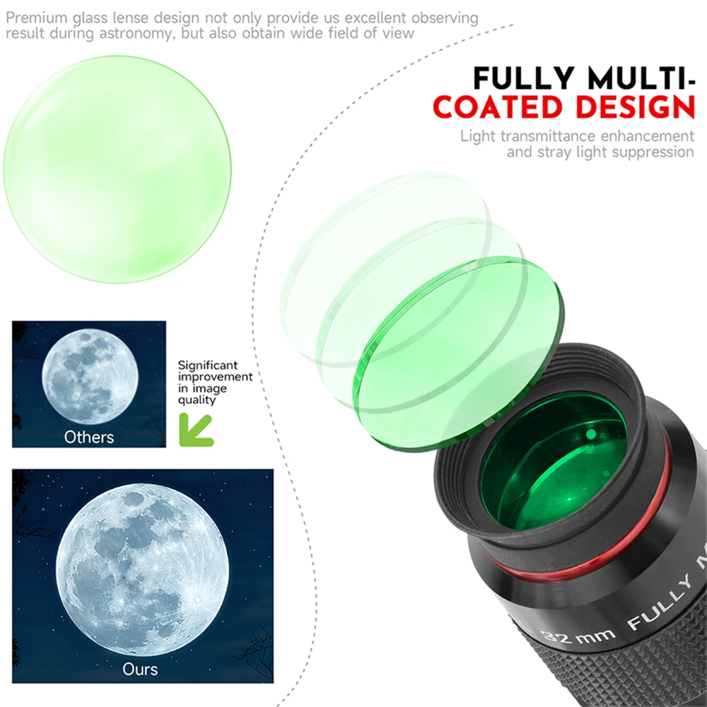 1.25'' 52° Plossl Eyepiece SPL Fully Multi-coated HD Green Film for Astronomical Telescopes 6.4/12.4/15/20/32/40mm