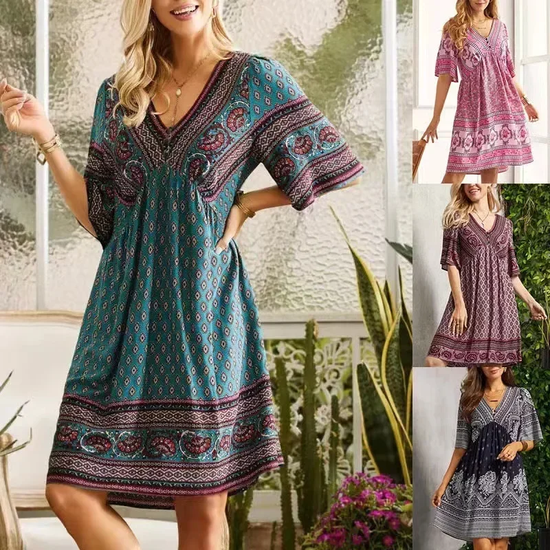 

Women Vintage Boho Ethnic Style Print Loose Holiday Beach Midi Dress Summer V Neck Short Sleeve High Waist Elegant Party Dresses