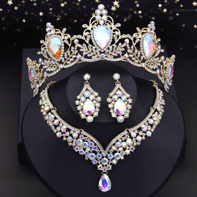 Purple Crown Bride Jewelry Sets Luxury Princess Wedding Tiaras Choker Necklace Set Bridal Earring Costume Jewelry Dubai Sets