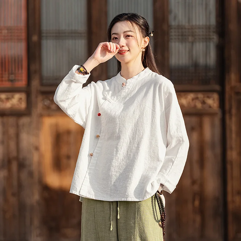 

Fall New Arrival Cotton-Linen Blend Long Robe for Women Adult Vintage Stand Collar Color-Blocked Top Long-Sleeve Women's Shirt