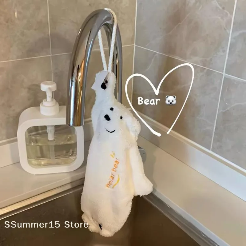 【R】Super Absorbent Polar Bear Hand Wiping Towel​ Hanging Kitchen Towel With Coral Design Thick Cartoon Hand Towel