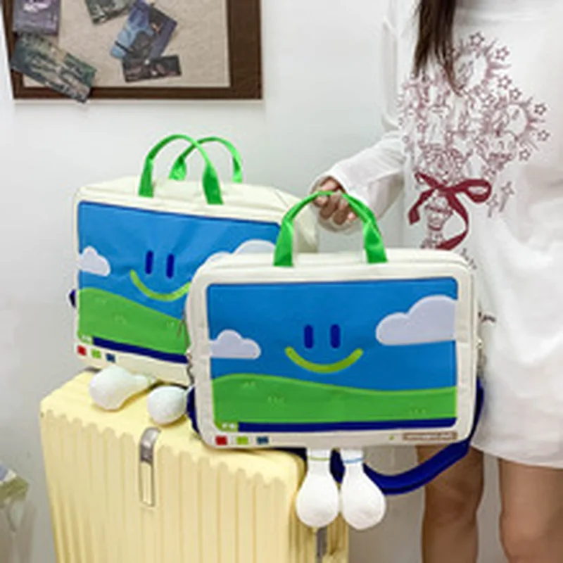 Borsa a tracolla con volto sorridente simpatico cartone animato per studenti Borse per laptop ricamate all-match Borse versatili di grande capacità alla moda