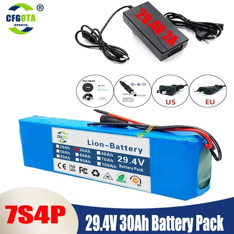 

29V 7S4P 18650 Battery 30Ah Rechargeable Lithium Ion Battery Pack for Electric Bicycle Moped Scooter Batteries+29.4V Charger