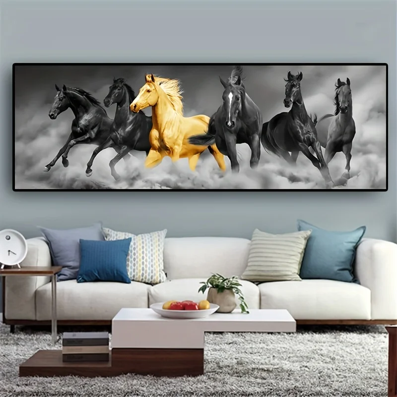 1 piece of gold and black six horse canvas wall decoration, perfect for animal lovers' home decoration 2D flat printing frameles