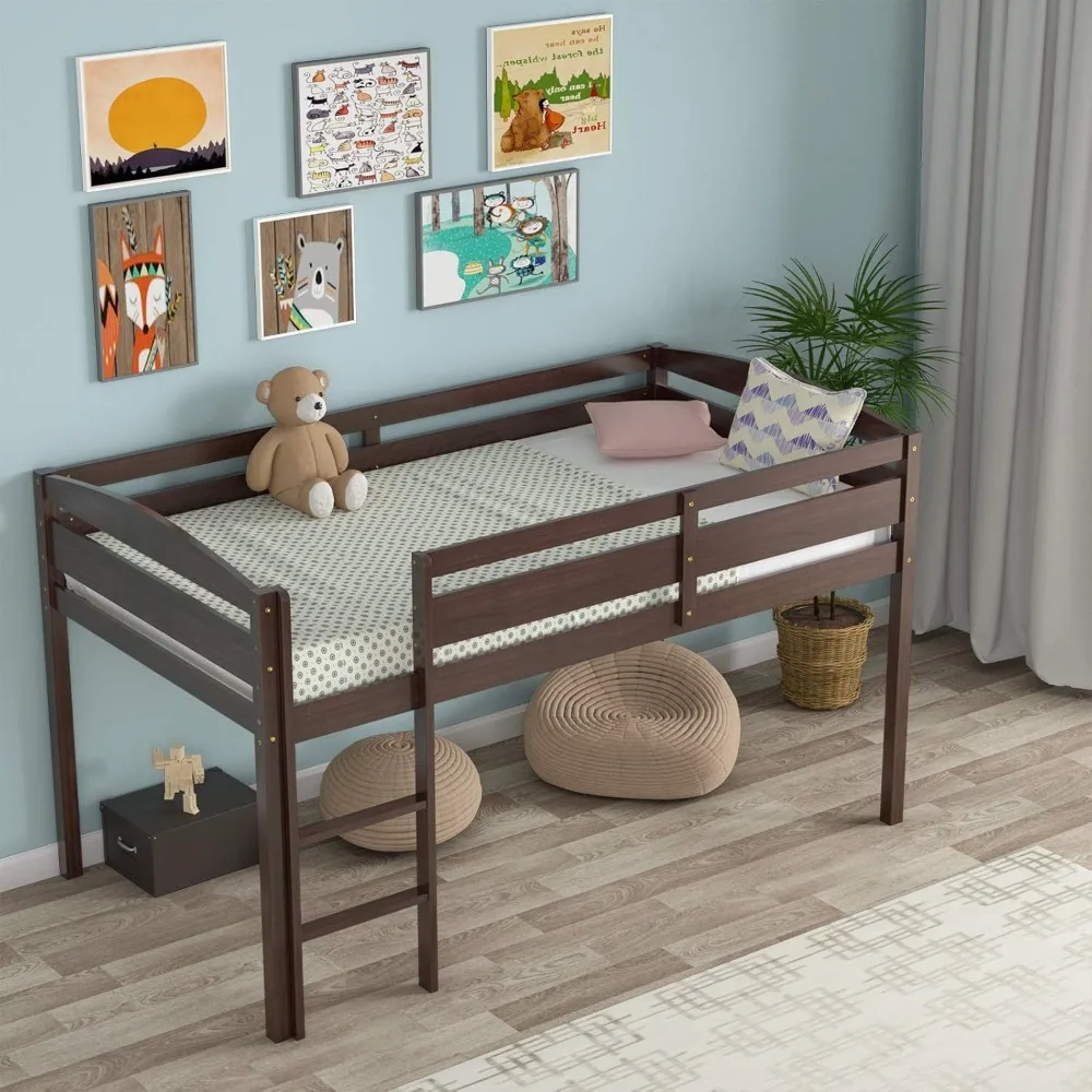 

Twin Loft Beds, Solid Wood Low Loft Bed W/Guard Rail and Ladder, Boys & Girls Twin Bed for Kids Room, Children Beds