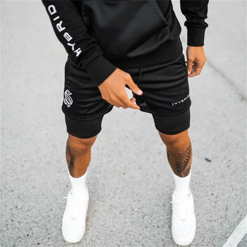 2025 summer mesh Sports Shorts Men Double-deck Jogging Running Shorts Men 2 IN 1 Mens GYM Shorts Fitness Workout Short Pants Man