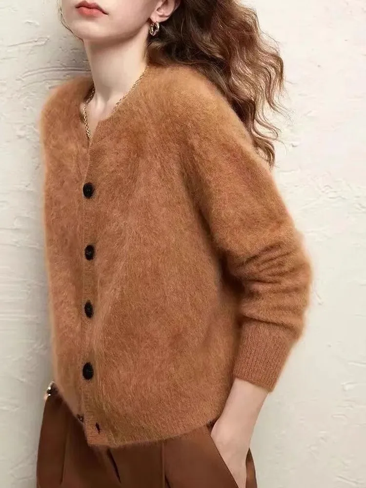 New In Stock Autumn Winter Imitation Mink Knitted Sweater Coat Chic Women Single Breasted Soft Mohair Loose Brown Cardigan Tops