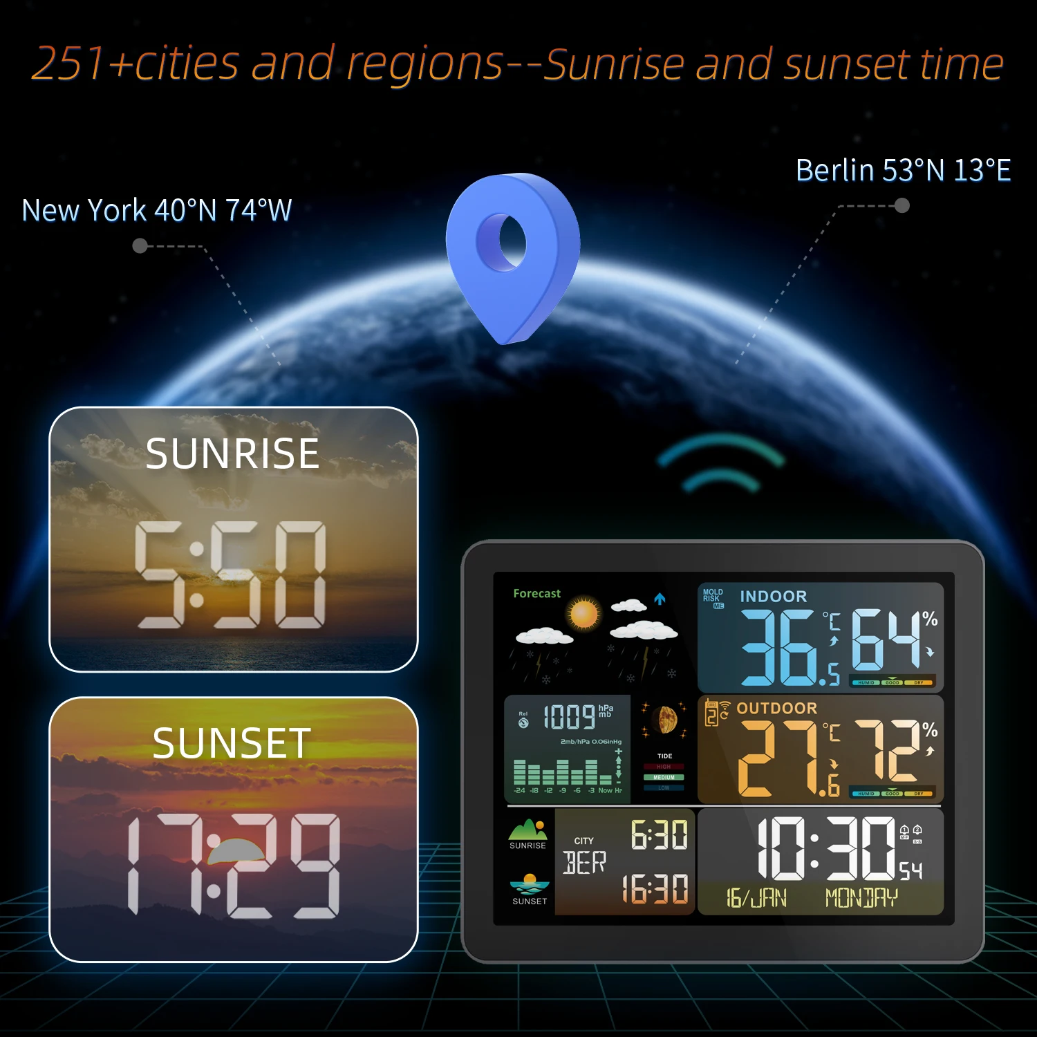 Alarm Clock Digital Weather Forecast Temperature Humidity Electronic Sunrise Sunset Time Wall Table Watch Wireless Meter Decor