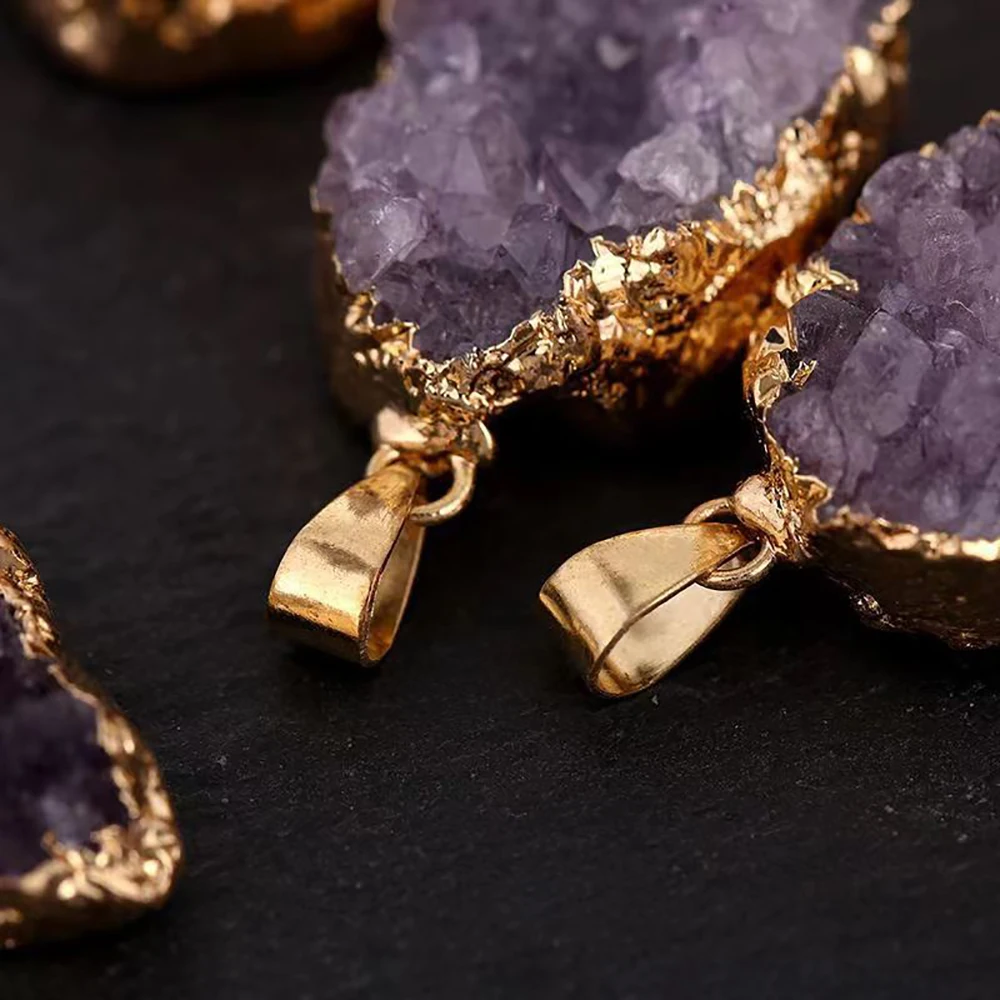 Natural Raw Uruguay Amethyst Healing Crystals Stone Pendant Irregular Mini Cluster Golden Edge Druzy Necklace for Women Jewelry