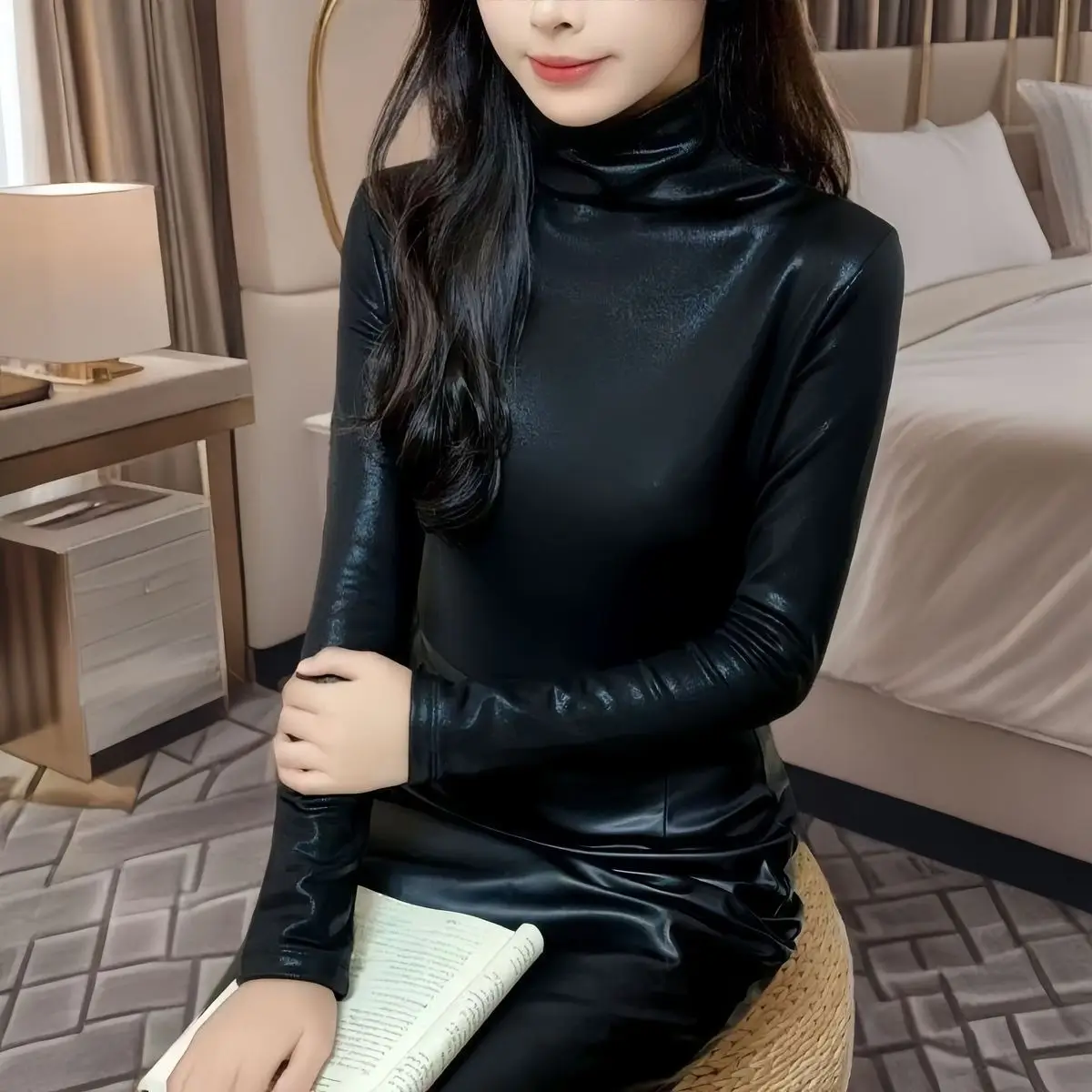 Bittere Winterwärme 2025, weiches Hemd mit Paillettenboden, schmale Passform mit Rollkragen, samtverdickte Lederjacke innen