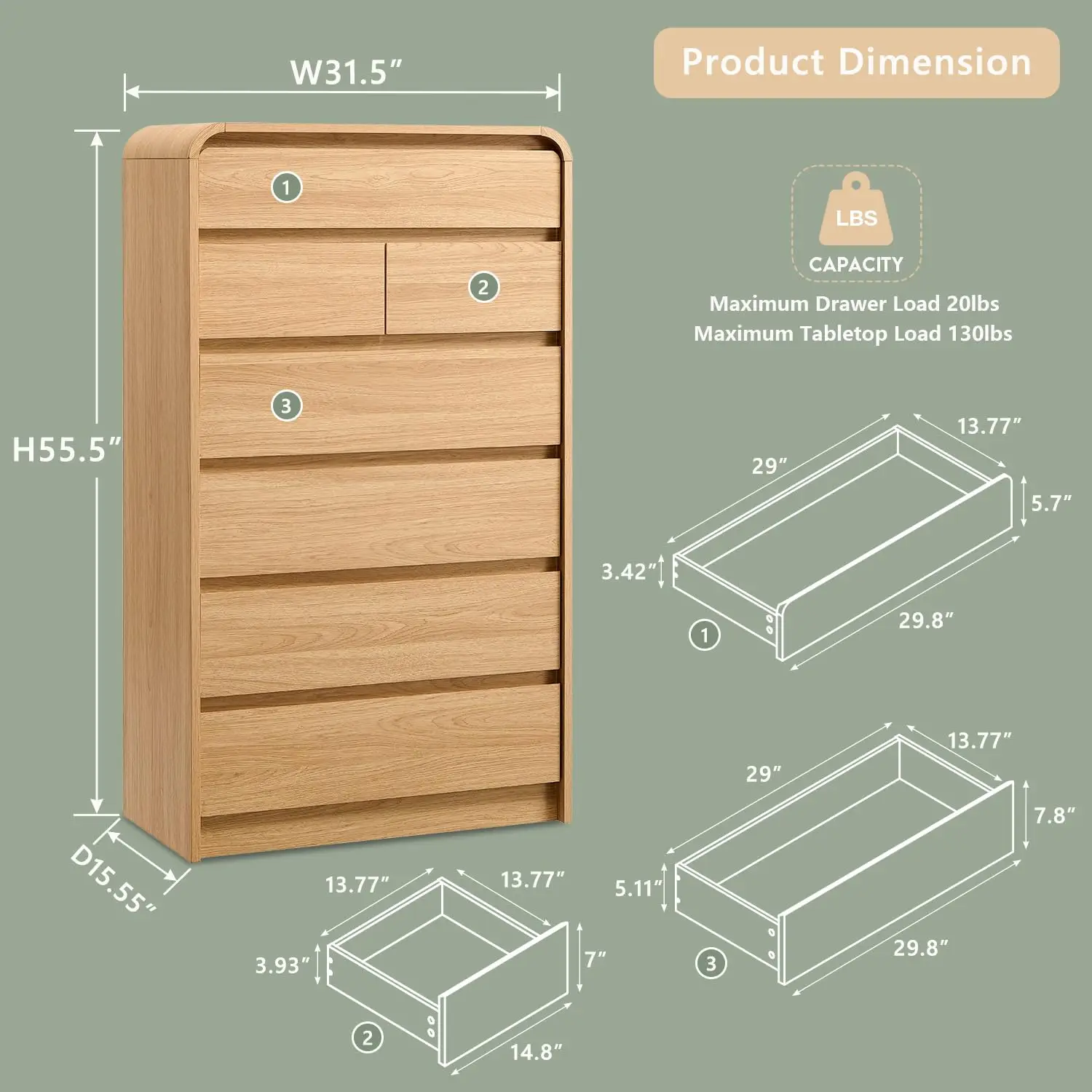 7 Drawers Tall Dresser Bedroom, 55
