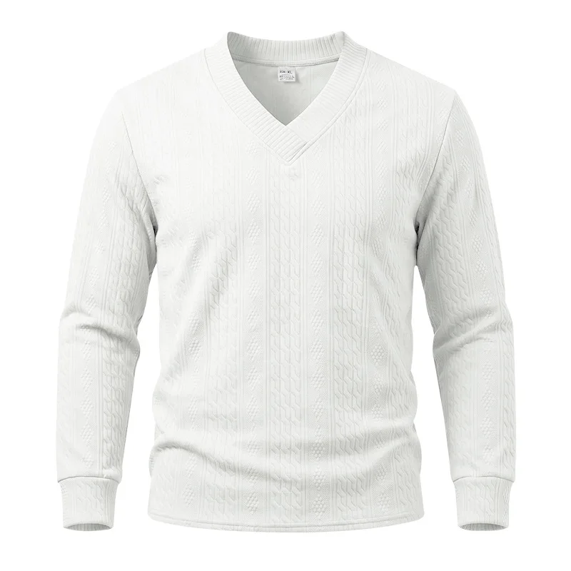 2026 Men's V-Neck Heavy Jacquard Knitted Sweater, Stretch Solid Color Casual Long Sleeve Pullover