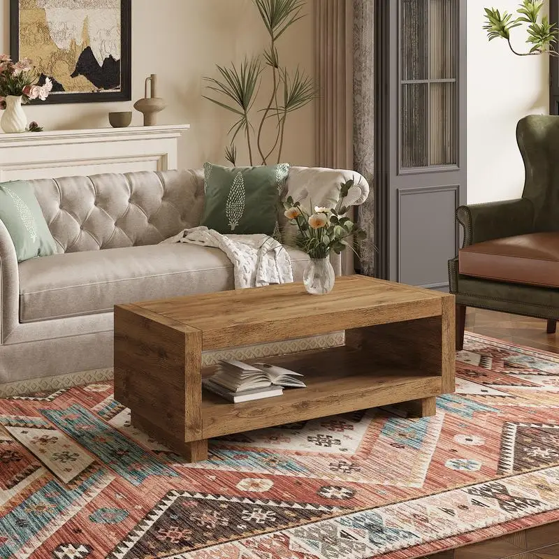 

Современный минималистичный прямоугольный журнальный столик из МДФ — отделка из натурального дерева, 47,2 дюйма Д x 23,6 дюйма Ш x 18 дюймов В, элегантный стиль середины века