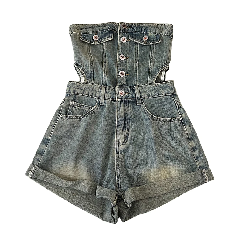 Denim Jumpsuit Wide Leg Shorts Women Fashion Versatile Single Breasted Hollowed Out Waist Strapless Rolled Edge Jumpsuit Shorts