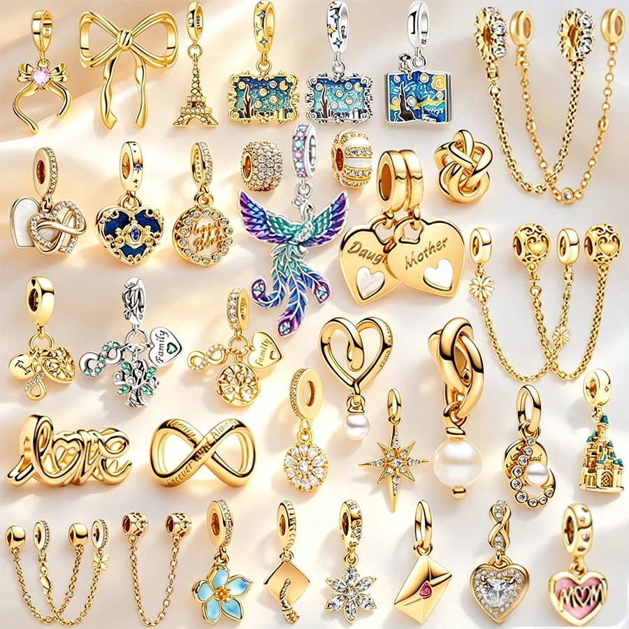 Gold Plated Charms Pendant Bow Heart Beads,Phoenix Castle Dangle Fit Original Bracelet,DIY Jewelry Making Gifts For Women