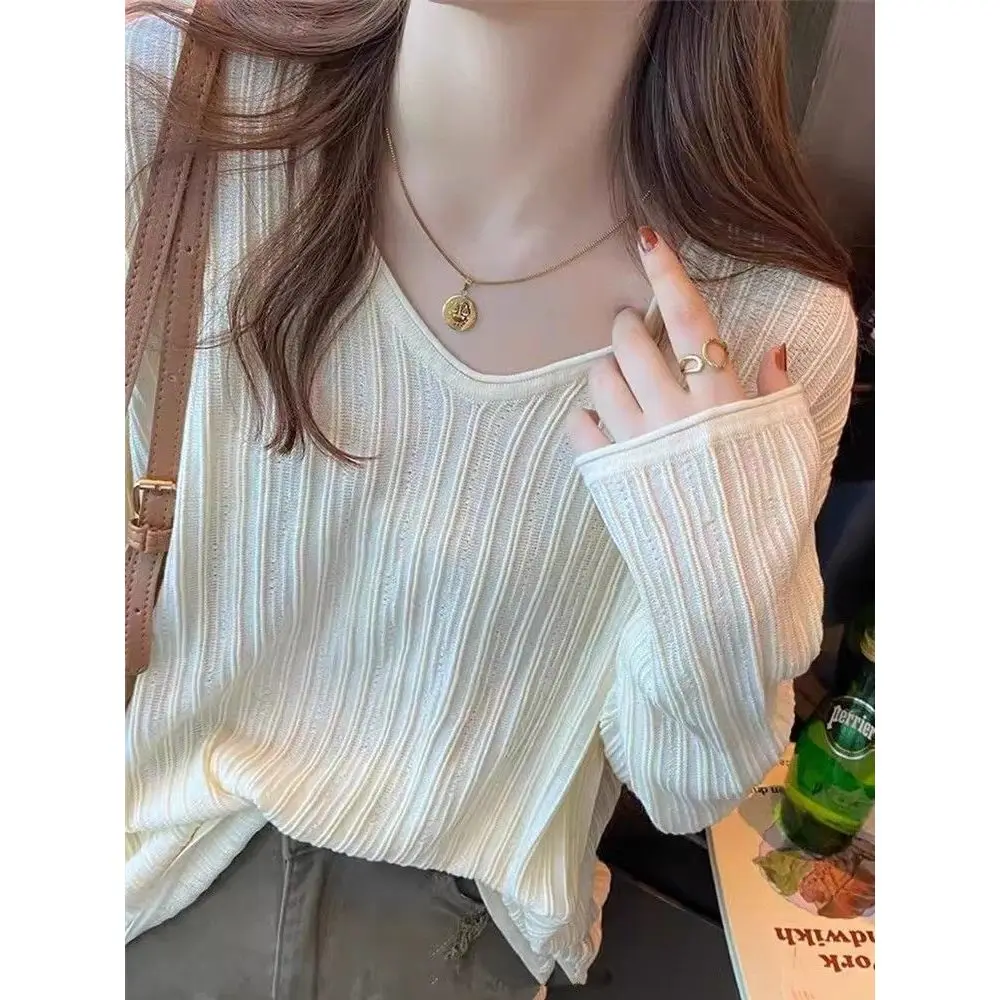 

Spring Autumn Winter Thin V-Neck Long Sleeve Loose Knitted Sweater Women's Lazy Inner Wear Base Layer Top Casual Knitwear