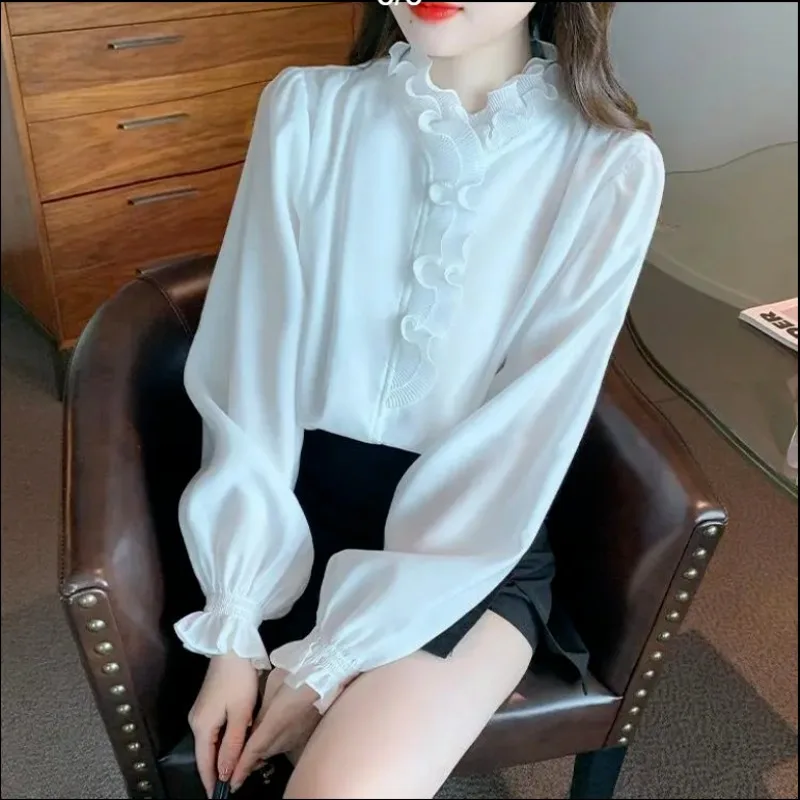 2024 spring autumn New Women\'s Solid Color Chic Slim Blouses Fashion Spliced Ruffled Neck Shirring Long sleeved Chiffon Shirts