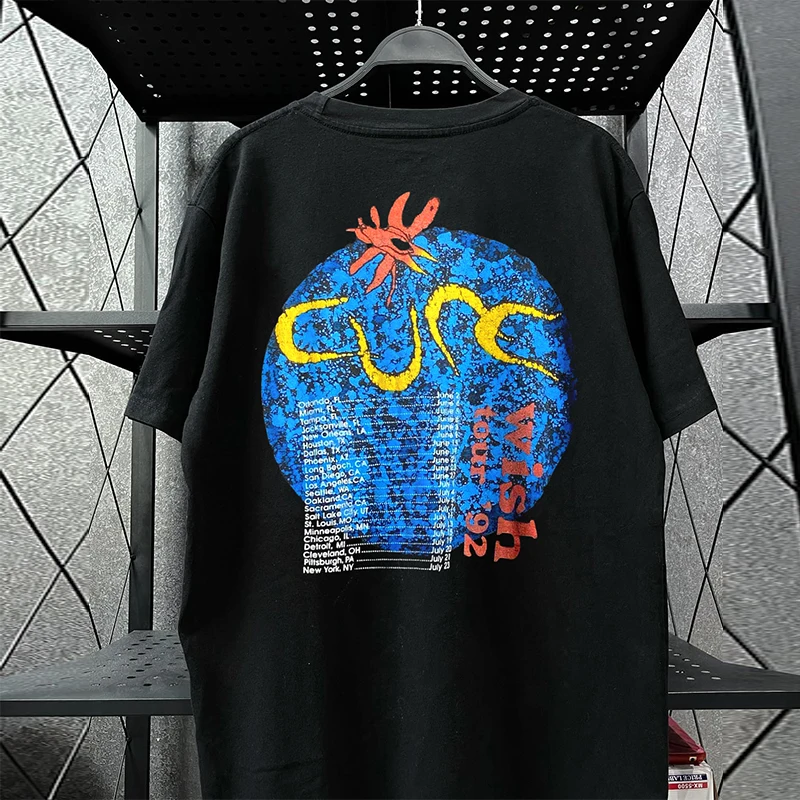 American Style Heavy Cotton round Neck Short Sleeve T-Shirt Treatment Rock Band Album Chic Hip Hop Loose Fit Printed Tee