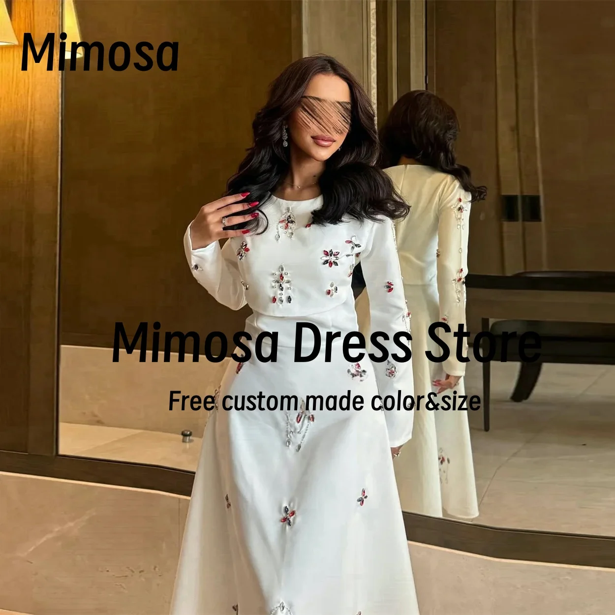 ميموزا طاقم الرقبة فساتين لحضور الحفلات الموسيقية بلورات طويلة الأكمام حفلة العودة للوطن فستان التخرج سستة الظهر فساتين السهرة حسب الطلب