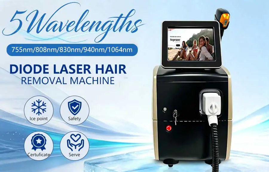 5 Wavelength Diode Laser Hair Removal Machine FAC Technology Genuine Sapphire Ice Cooling Painless Permanent Hair Remover Salon