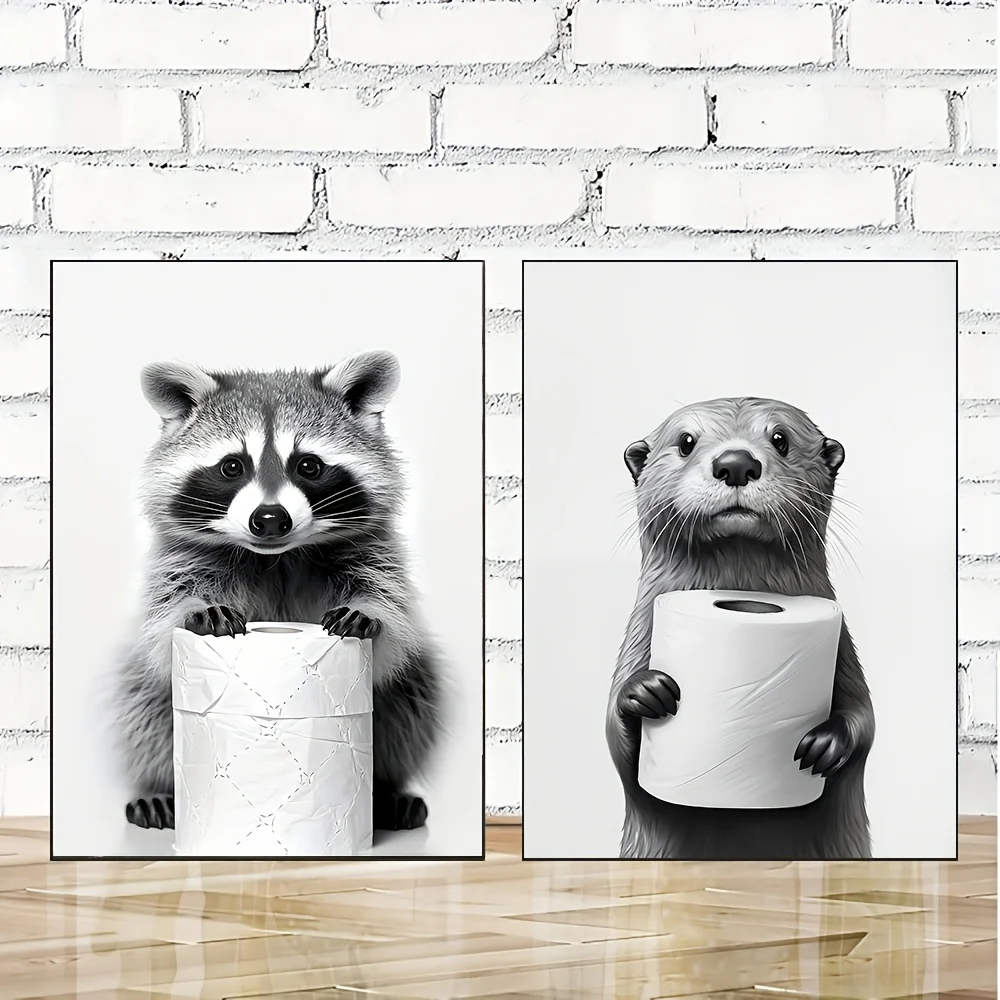 Charming Otter & Raccoon Duo - 2pcs Black and White Canvas Art Set, Wall Decor for Living Room, Bedroom, Office, Room Decor