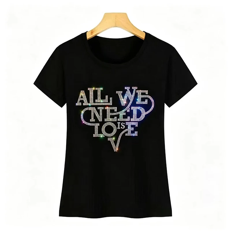 IZEVUS Shiny hot diamond letter fashionable women's T-shirts, summer short-sleeved casual T-shirts sell hot cotton T-shirts