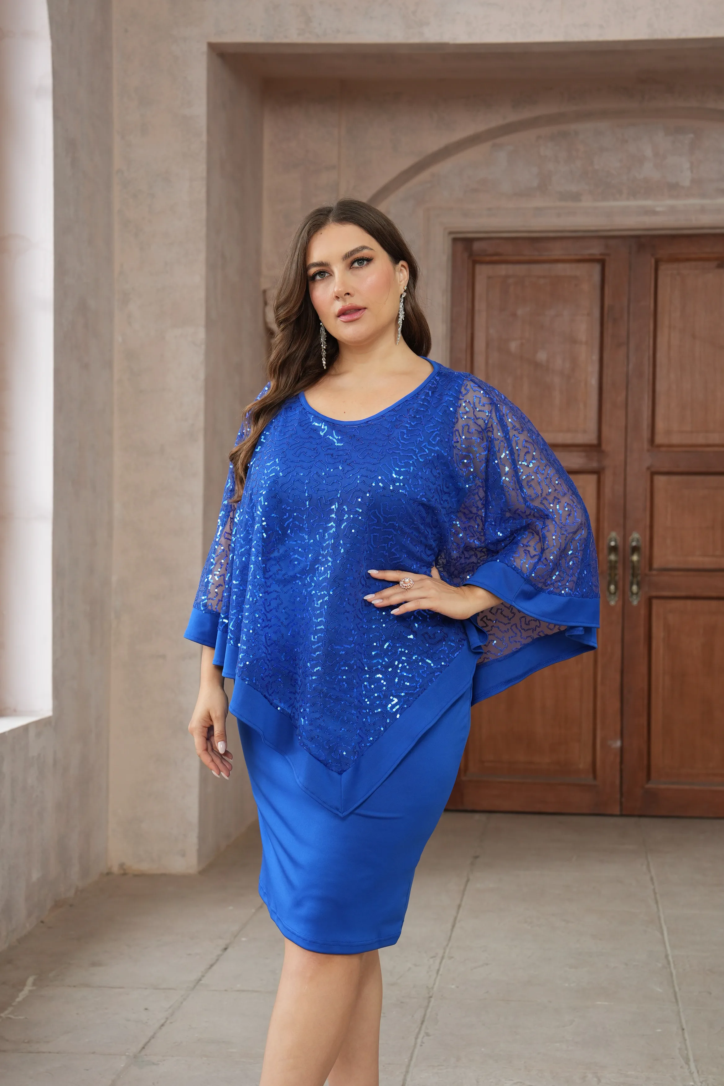 Plus Size Women Sequin Embroidered Lace Dress Elegant Slim Fit Shawl Dress Women Mother Attending Wedding Party Dress