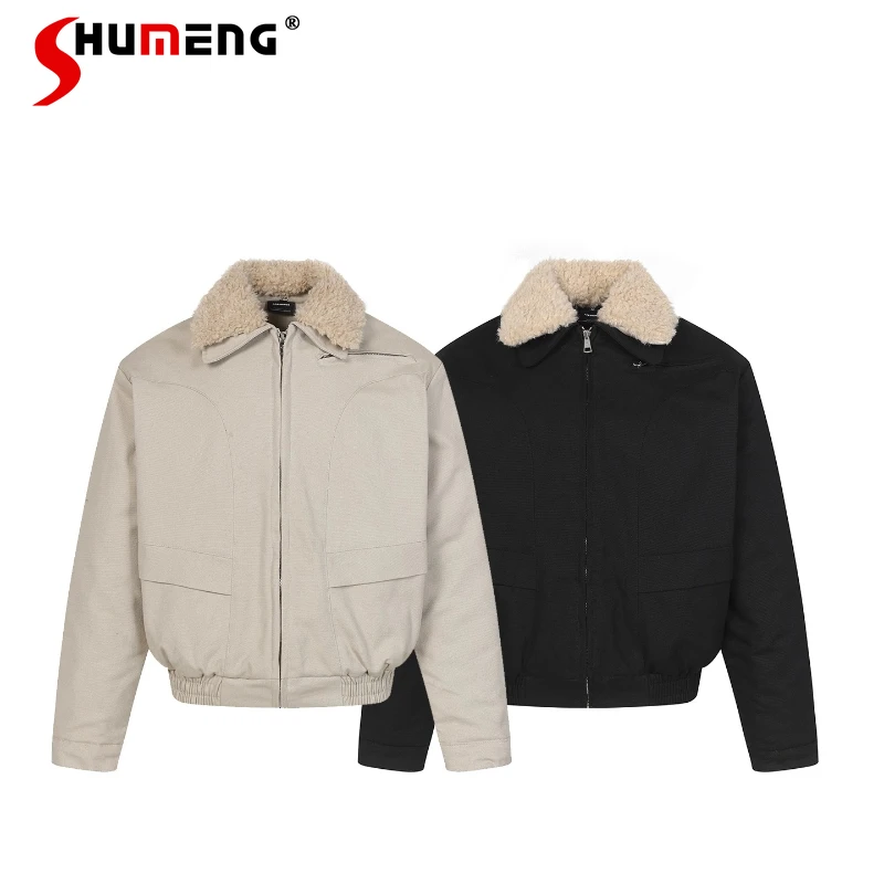 Men Women 2025 Winter New Trend Couple Warm Chic Parkas American Style Retro Faux Fur Collar Coats Handsome Tooling Lapel Parkas