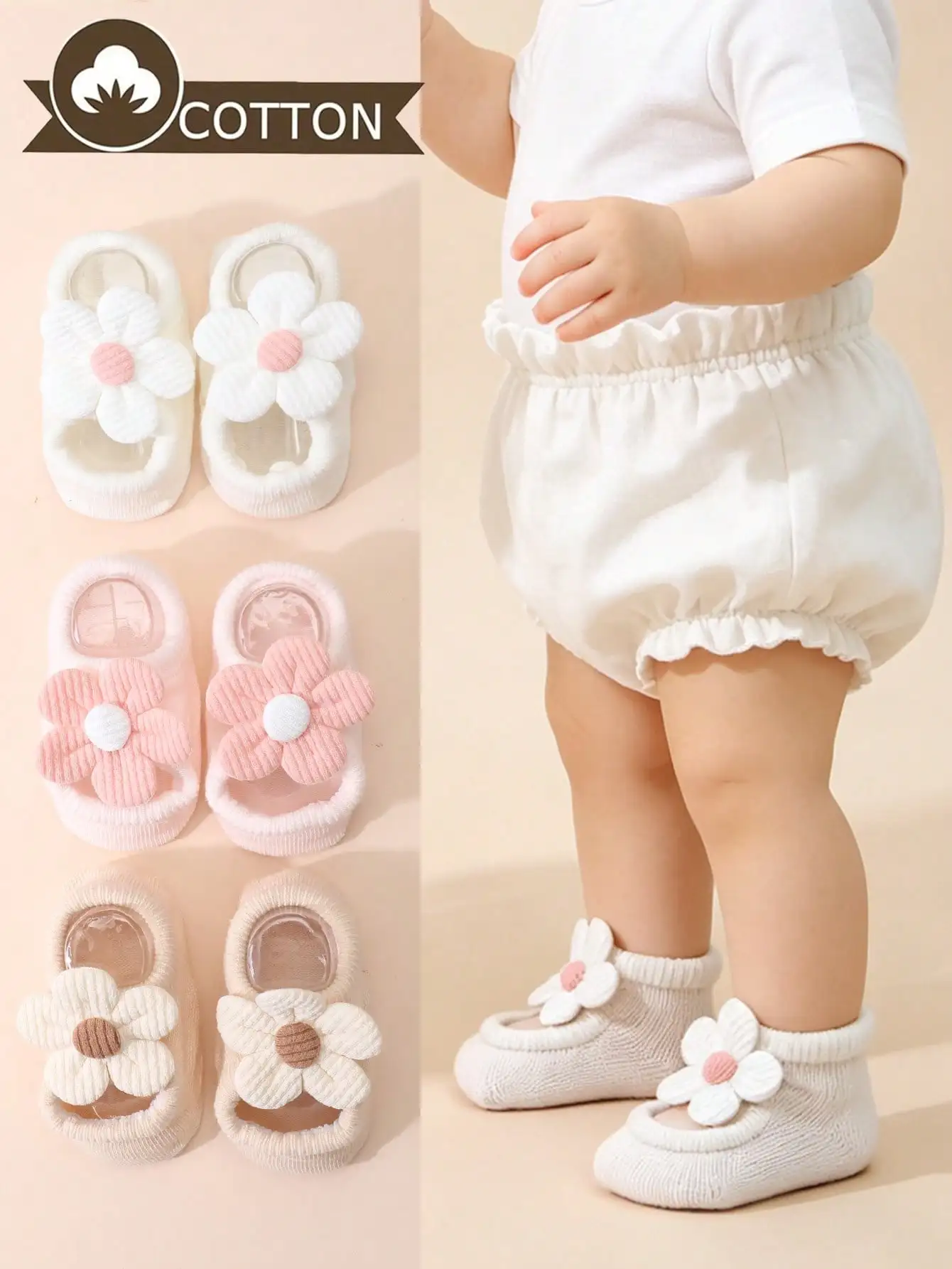 3Pairs Baby Girls Cotton Walking Ankle Socks 3D Flower Applique Anti Slip Grippy Soft Sole Indoor Floor Socks Spring Autumn 0-1Y