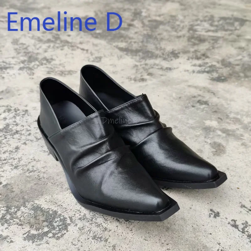 

Black Pleated Upturned Toe Shoes for Both Men and Women Thick Heel Retro Vintage Niche Design Personalized Leather Shoes